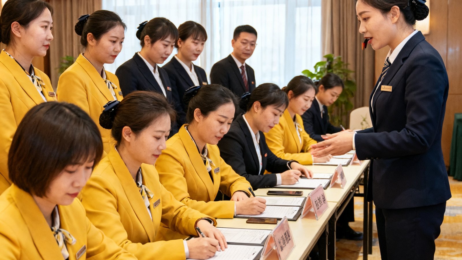 2025年礼宾专员春季封闭培训现场照片，二十余名学员在模拟签到处进行实操演练，培训师在旁边指导