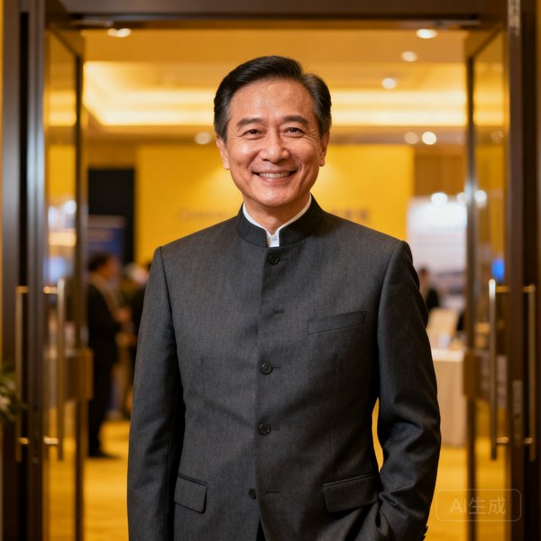 玖鼎贵宾厅创始人林启华，五十岁左右男性，身着深灰色定制西装，面带微笑站立在展会贵宾区入口处，背景为柔和灯光