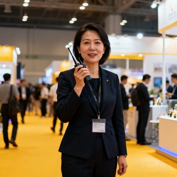 运营总监陈雅文，四十岁左右女性，穿着深色职业套装，手持对讲机在展会现场协调工作，表情专注而自信
