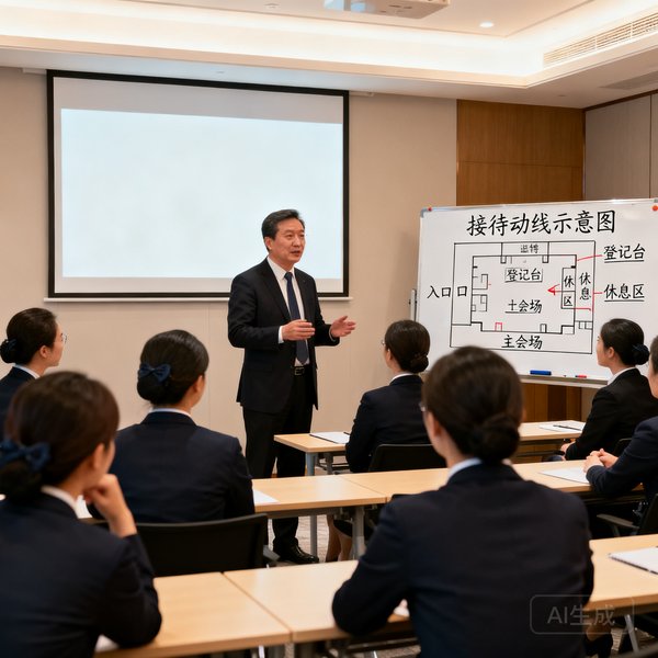 培训总监张铭宇，四十五岁左右男性，在培训教室中向礼宾专员讲解接待流程，白板上写有详细的动线示意图